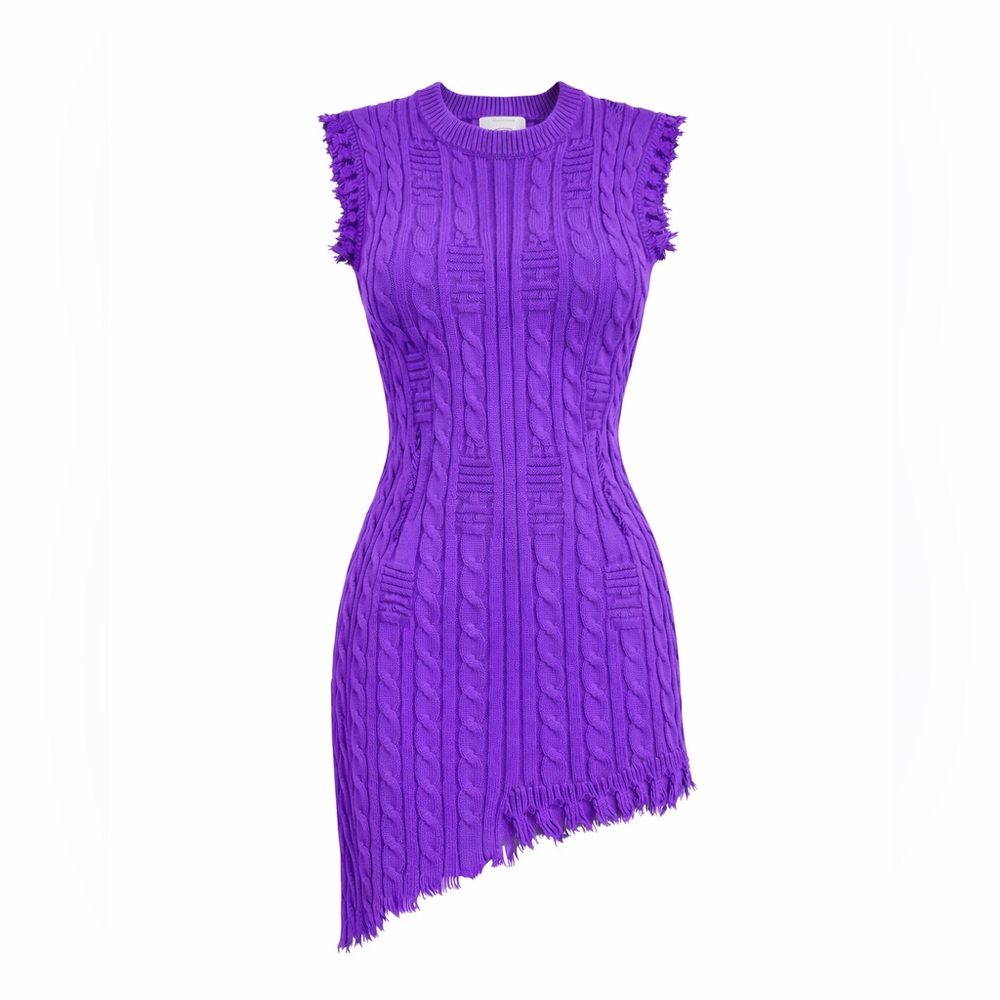 Sleeveless Purple Cable-Knit Asymmetric Dress